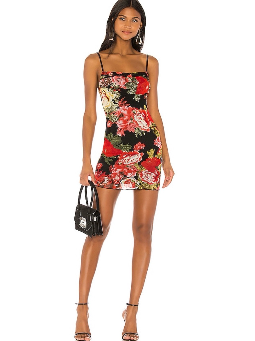 Superdown Black Floral Slip Mini Dress With Red And Pink Blooms